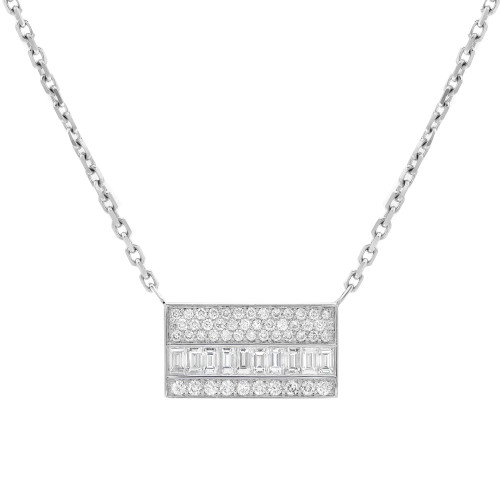 An image of a Messika brand Liz necklace designed for women, featuring a rectangular diamond 18k white gold pendant. The pendant showcases a mix of round and baguette-cut diamonds, meticulously set to catch the light. The necklace is photographed straight-on at a close distance, with the pendant centered and the chain extending symmetrically to both sides, allowing viewers to appreciate the sparkle and intricate design against a white background.
