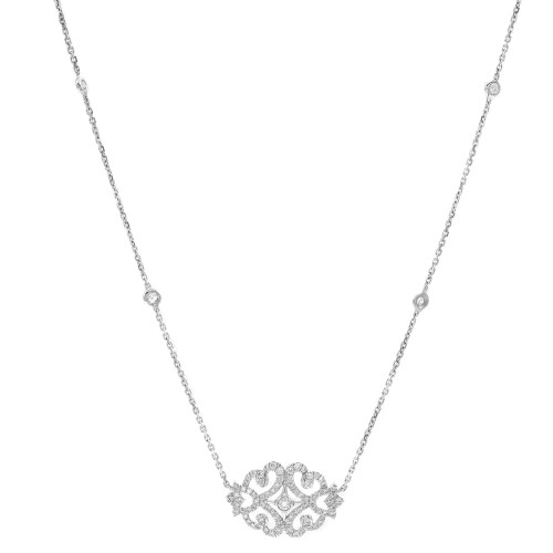An image of a Messika women's Sultane diamond Pendant 18k white gold necklace displayed against a white background. The necklace is centered and shown from a front-facing angle, providing a clear view of the intricate diamond-encrusted pendant and the delicate chain adorned with evenly spaced, smaller diamonds. The pendant features a symmetrical, ornate design with a combination of larger and smaller diamonds, creating a sparkling focal point. The image is taken from a close distance, ensuring the details of the diamonds and the craftsmanship are visible.