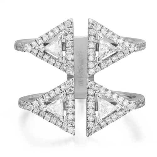 An image of a Messika women's Thea Toi and Moi ring with diamonds, shown in a close-up frontal view. The ring features a unique, open design with two parallel bands that form a V-shape on each side, connected by a central bar. The bands and central connector are encrusted with numerous small, round-cut diamonds, while four larger, triangular-cut diamonds are set at the angles where the bands diverge. The diamonds sparkle against the polished 18k white gold, and the brand's hallmark is visible on the inner side of the band. The ring is positioned centrally in the frame with a symmetrical perspective, providing a clear and detailed depiction of its intricate design and luxurious finish.