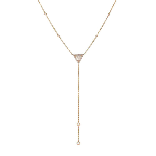 An image of a Messika women's Cravate Thea 18k rose gold necklace with diamonds, displayed against a white background. The necklace features a delicate rose gold chain with evenly spaced small round diamond accents leading to a prominent, inverted triangle-shaped pendant encrusted with diamonds. Below the triangle, the necklace extends into a drop with a larger round diamond at the end. The image is taken from a front-facing angle, showing the necklace in full length, and positioned centrally, giving a clear view of the jewelry's design and sparkle.