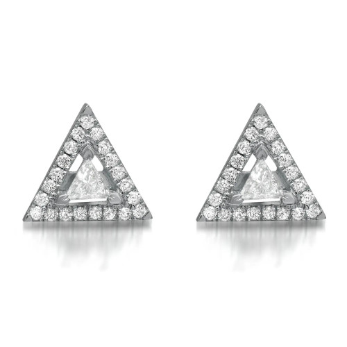 An image of a pair of Messika women's Thea stud 18k white gold earrings with diamonds, displayed side by side against a white background. Each earring is shaped like an equilateral triangle, with a large, triangular diamond set in the center and surrounded by multiple smaller round diamonds along the frame. The earrings are shown facing forward, giving a clear view of their design and the sparkle of the diamonds. The image is taken from a front-facing angle at a close distance to capture the intricate details of the earrings.