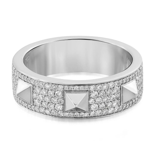An image of a Messika women's Spiky Diamond band ring, viewed from a slightly elevated angle emphasizing the top and side of the band. The ring features a broad band with a shimmering pave of round diamonds and three square insets with a single diamond each, set in polished 18k white gold. The brand's hallmark is visible on the inner surface of the band. The image is a close-up, providing a clear view of the ring's intricate details and craftsmanship.