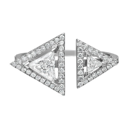 An image of a luxurious Messika women's Thea Toi and Moi ring featuring a unique design with two large, triangle-cut diamonds set at opposing angles to create a mirror effect. The diamonds are prominently positioned at the ring's open ends, surrounded by a pave of smaller, sparkling diamonds that extend down the ring's band. The image is a close-up, showcasing the ring's intricate details and the brilliant shine of the diamonds with a clear, direct view on a neutral background.