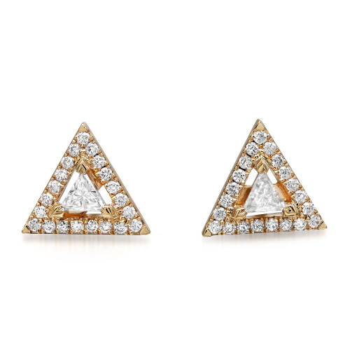 An image of a pair of Messika women's Thea stud earrings with diamonds. The earrings are crafted in a triangular shape with a close-up, front-facing view against a white background. The design features a central inverted triangular diamond framed by a halo of smaller round diamonds, all set in a yellow gold. The earrings are positioned side by side with equal distance between them, allowing for a clear and symmetrical presentation.