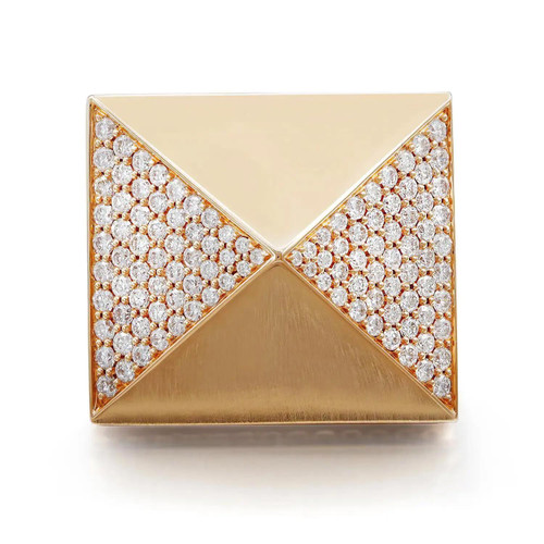 An image of a Messika brand Spiky Diamond cocktail ring designed for women, showcasing a square top view at a direct 90-degree angle with the camera positioned at a close distance to capture detail. The ring features a unique square face divided into four triangles, two polished 18k rose gold and two adorned with multiple small diamonds creating a sparkling pattern against the gold setting.