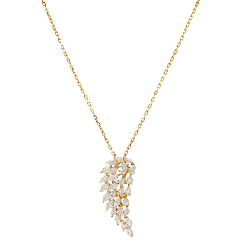 An image of a women's Messika Angel Diamond pendant necklace, featuring a delicate rose gold chain with a pendant composed of multiple teardrop and marquise-cut diamonds arranged in a feather-like pattern. The pendant is centered and displayed at a front-facing angle to the viewer, with the chain extending up and out of the frame, indicating the necklace is laid flat. The photo is taken from a close distance, providing a clear view of the diamonds' sparkle and the intricate setting.