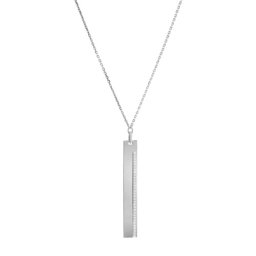 An image of a Messika brand Sautoir Kate Diamond bar pendant necklace for women, featuring a vertical bar pendant with a row of diamonds on its right side. The pendant is centrally positioned against a white background and hangs from a 18k white gold chain that is visible from a front-facing angle. The necklace is photographed up close, showing clear details of the chain links and the diamonds' placement on the pendant.