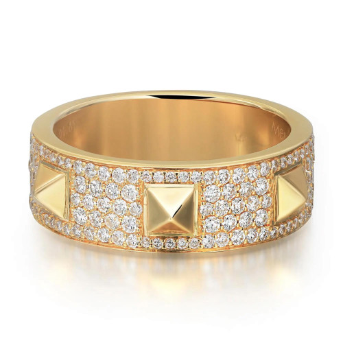 An image of a Messika women's 18k yellow gold Spiky Diamond band ring , presented in a close-up view that fills the frame. The ring is positioned horizontally in the center, showcasing its intricate design with a polished gold band. Diamonds are meticulously set around the entire circumference of the ring, with several larger, pyramid-shaped yellow gold accents evenly spaced among the sparkling stones. The light reflects off the diamonds and gold, emphasizing the ring's luxurious and elegant appearance.
