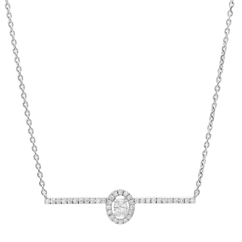 An image of a Messika brand women's Glam'Azone chain 18k white gold necklace with diamonds displayed against a white background. It presents a front-facing view with a central, larger diamond encircled by a halo of smaller diamonds, which are also set along the horizontal bar of the necklace. The chain features linked, round, diamond-cut elements and extends symmetrically from either side of the central piece. The necklace is photographed from a straight-on angle at a close distance, emphasizing the sparkle and design detail.