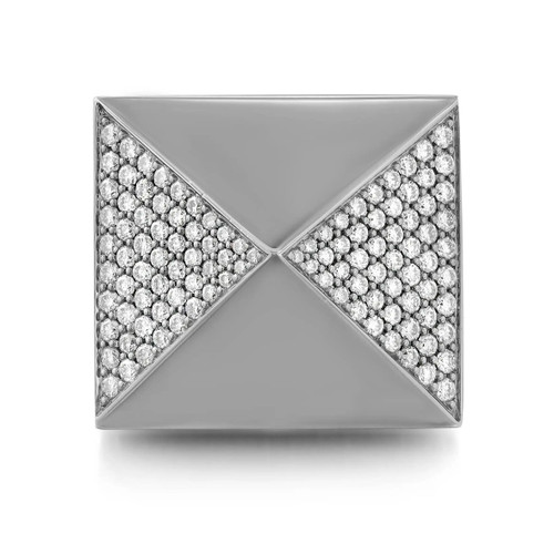 An image of a Messika brand women's cocktail ring with Spiky diamonds, shown in a close-up top view. The ring features a square-shaped design with a central, symmetric X pattern, where each quadrant is filled with sparkling diamonds. The ring is centered and fills the frame, displayed against a neutral, light gray background that highlights its intricate details and the brilliance of the diamonds.