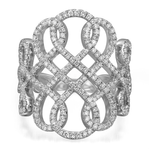 An image of a Messika Promess women's ring with diamonds, showcasing an intricate lattice design encrusted with sparkling stones. The ring is photographed at a close-up, straight-on angle emphasizing its symmetrical pattern and the shimmering light reflection on the diamonds. The background is pure white, highlighting the ring's details and craftsmanship.