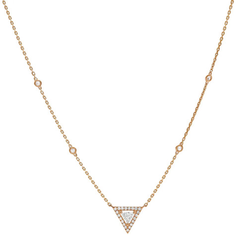 An image of a Messika brand women's Thea necklace with diamonds, displayed against a white background. The necklace features a delicate rose gold chain with evenly spaced, bezel-set diamonds leading to a prominent, triangle-shaped pendant at the center. This pendant is encrusted with numerous small diamonds arranged in pavé setting, creating a shimmering focal point. The image is taken from a direct front view, showcasing the necklace's design and the arrangement of diamonds in clear detail. The necklace is positioned horizontally across the frame, with the pendant centered and the chain extending to the left and right edges of the image, providing a view that emphasizes the necklace's symmetry and elegance.