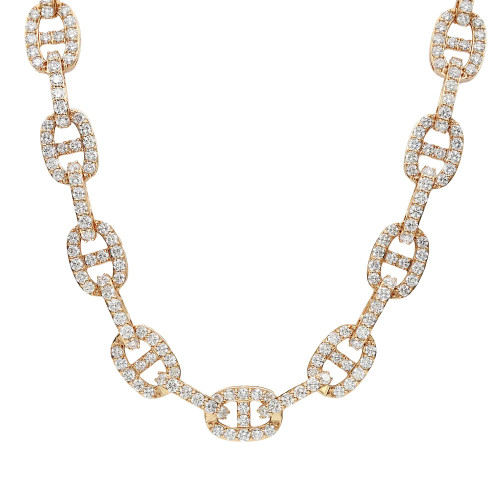 An image of a Rachel Koen necklace with diamonds for women, displayed against a neutral background. The necklace features interconnected yellow gold links, each encrusted with round-cut diamonds. The view is a close-up, top-down angle, showing the necklace in full from a frontal perspective, illustrating the sparkle and intricate design of the diamond setting. The necklace is positioned in a slight curve, enhancing the visibility of each link's detail.