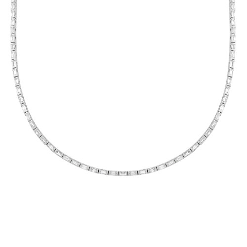 An image of a Rachel Koen-brand women's tennis necklace with diamonds, displayed against a white background. The necklace features a string of uniformly sized and spaced baguette cut diamonds, set in a white gold, forming a complete circle. The view is head-on, showing the necklace's full length and curve, with the focus evenly distributed across the entire piece. The necklace is centered in the frame and occupies a medium distance from the viewpoint, providing a clear view of its elegant design and the sparkle of the diamonds.