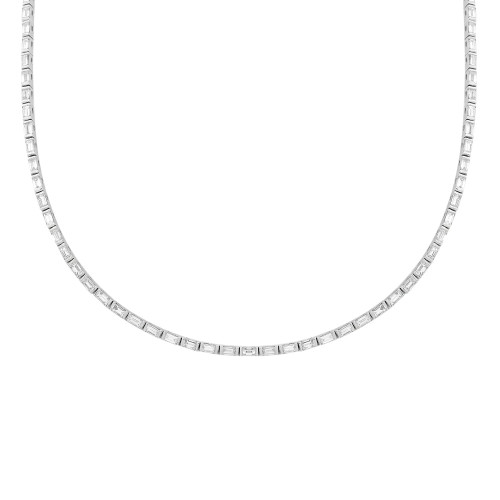 An image of a Rachel Koen-brand women's tennis necklace with diamonds, displayed against a white background. The necklace features a string of uniformly sized and spaced baguette cut diamonds, set in a white gold, forming a complete circle. The view is head-on, showing the necklace's full length and curve, with the focus evenly distributed across the entire piece. The necklace is centered in the frame and occupies a medium distance from the viewpoint, providing a clear view of its elegant design and the sparkle of the diamonds.
