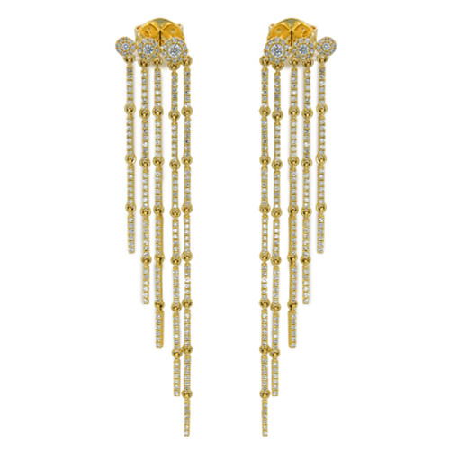 An image of a pair of Rachel Koen brand earrings with diamonds designed for women in yellow gold, displayed on a white background. The earrings feature a vertical alignment with multiple dangling gold chains encrusted with small diamonds, reflecting light at various angles. The chains are connected to a diamond-studded, circular top piece, and the entire earring set is shown from a front-facing view at medium distance, allowing for clear visibility of the intricate details and sparkling diamonds.