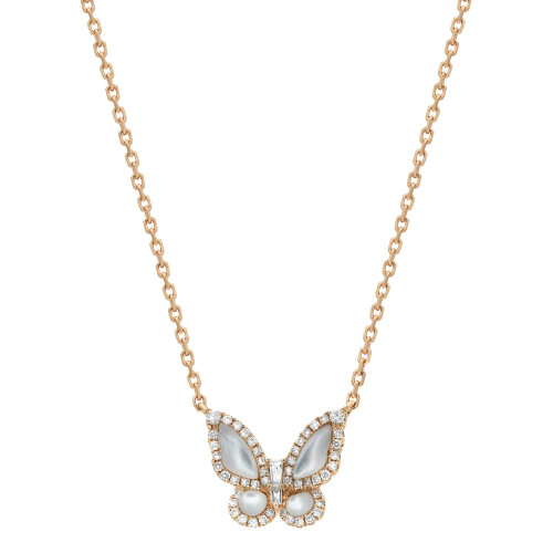 An image of a Rachel Koen women's necklace featuring a butterfly pendant adorned with diamonds and moonstone. The necklace is presented against a white background, centered and viewed from a front-facing angle that displays the jewelry's design and details clearly. The chain is made in yellow gold with visible links, and the butterfly pendant is detailed with moonstone gemstone wings and round diamond accents, creating a symmetrical design. The distance from the camera shows the entire necklace, providing a clear view of the pendant and a portion of the chain.