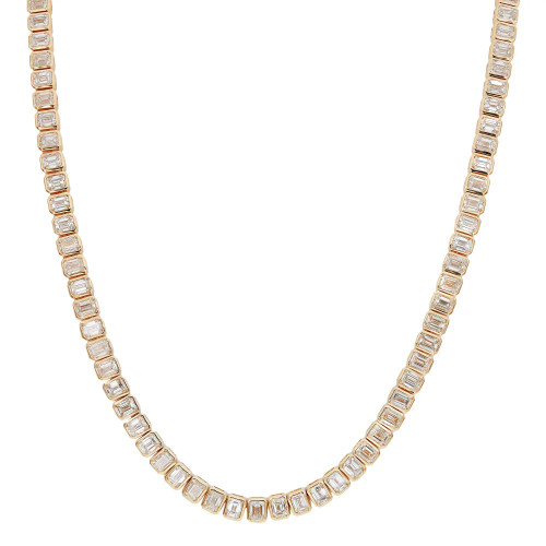 An image of a Rachel Koen diamond necklace for women, displayed against a white background. The necklace is arranged in a slight curve at the center of the frame, showcasing a continuous line of rectangular emerald cut diamonds each encased in yellow gold bezel set links. The view is from directly above, with the necklace appearing to be at a close distance, allowing for clear visibility of the individual diamonds and their settings. The camera angle is perpendicular to the surface, ensuring that the jewelry piece is the focal point of the image.