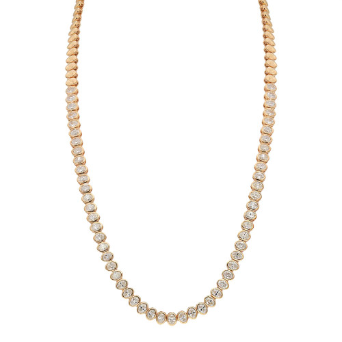 An image of a Rachel Koen women's necklace with oval cut diamonds in yellow gold, displayed against a white background. The necklace is positioned in a slight curve to mimic how it would lay naturally on the neck, with the focal diamond-encrusted section centered and prominently featured. The perspective is a frontal view, and the necklace is shown in full length, providing a clear view of the gold chain and the diamonds' sparkle. The image is taken from a close distance, allowing fine details of the diamonds and setting to be visible.