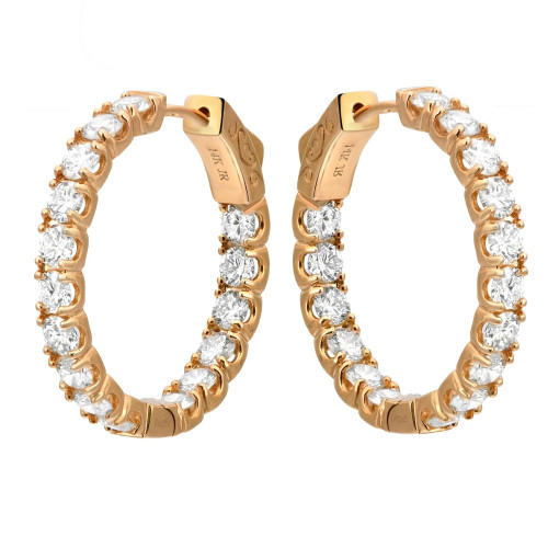 An image of a pair of Rachel Koen brand hoop earrings for women, featuring multiple round-cut diamonds set in a yellow gold frame. The earrings are presented in a front-facing view with a symmetrical arrangement, showcasing the stones' brilliance from a medium distance. They are aligned vertically and are positioned parallel to each other, allowing for a clear view of the intricate design and sparkling gems.