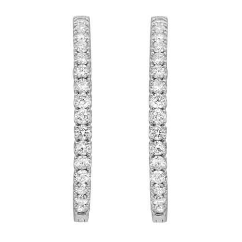 An image of a pair of Rachel Koen brand women's hoop earrings with diamonds. The earrings are displayed in a symmetrical vertical position against a white background, providing a clear, straight-on view. They are hoop-style with a continuous line of round-cut diamonds set in a white gold, possibly platinum or white gold. The image is a close-up, showcasing the brilliance and detail of the diamonds.