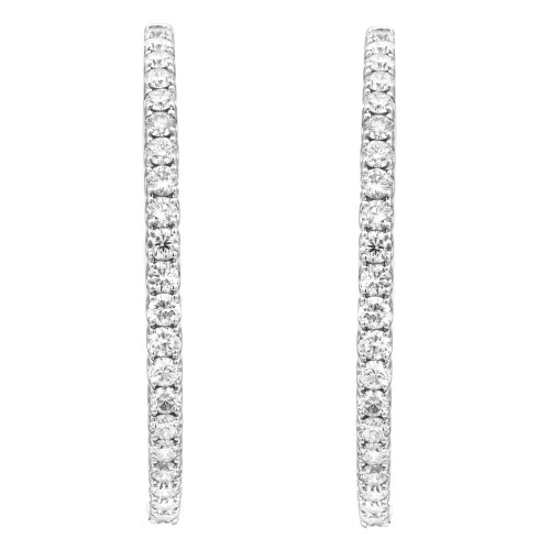 An image of a pair of Rachel Koen women's hoop earrings with diamonds, presented on a white background. The earrings are aligned vertically, showcasing a close frontal view with no angle, allowing clear visibility of the sparkling round cut diamonds set in a straight line in white gold. The image is taken from a medium distance, ensuring each diamond's cut and setting is visible.