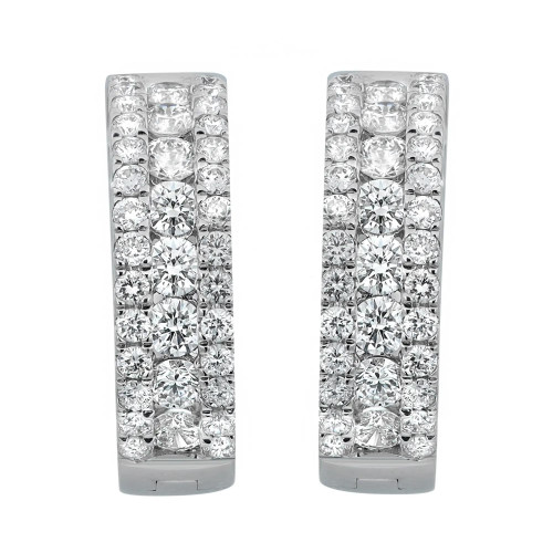 An image of a pair of Rachel Koen brand huggie earrings for women, featuring multiple round-cut diamonds set in a rectangular design in white gold. The earrings are displayed frontally, at a close distance, and at a straight angle to the camera, showcasing the sparkle and arrangement of the diamonds.
