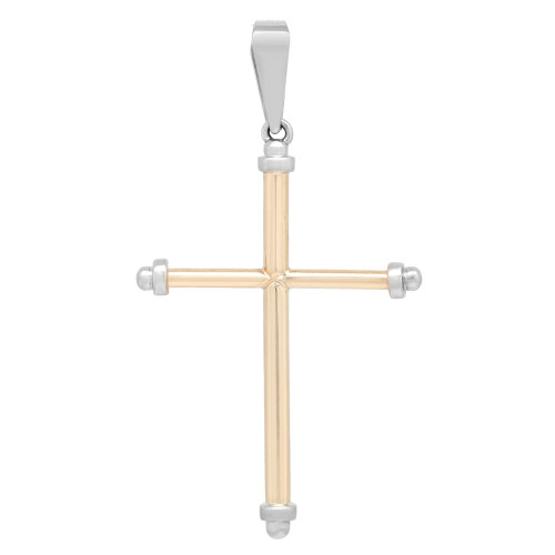 An image of a unisex adult necklace by Rachel Koen, featuring a simple and elegant cross pendant without stones. The pendant is displayed in a straight-on frontal view against a white background, with the vertical bar of the cross oriented directly up and down and the horizontal bar perfectly perpendicular, creating a symmetrical plus sign shape. The cross has a polished with 14K yellow gold gold with 14K white gold caps at the end of each arm, and is attached to a matching bail suitable for a chain. 