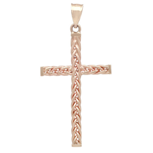 An image of a Rachel Koen brand necklace pendant for women, featuring a 14K yellow gold cross with a twisted rope design, centered and viewed from a frontal angle against a white background. The cross is displayed in a straight position with the arms of the cross extending horizontally and vertically, taking up most of the frame, and the pendant bail is visible at the top. There are no stones on the necklace, emphasizing the intricate metalwork.