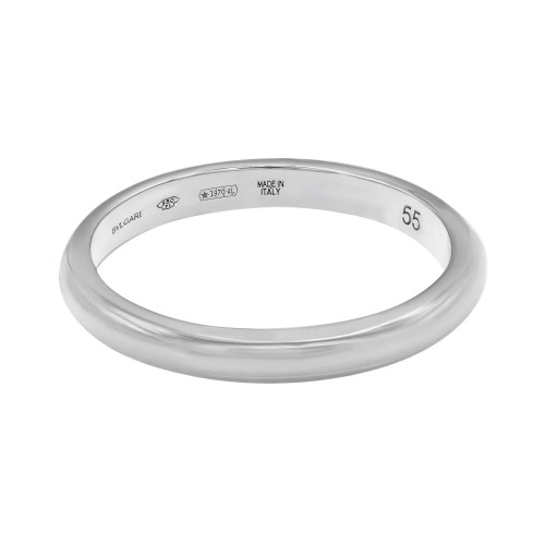 An image of a Bvlgari Fedi unisex adult platinum wedding ring without stones, centered and displayed at a slight angle to showcase the band's exterior and interior engravings. The ring is positioned against a white background, with the focus on clarity and detail from a close-up distance. The inner band is visibly engraved with the brand name, purity marks, 'MADE IN ITALY', and a serial number.Excellent pre-owned condition.