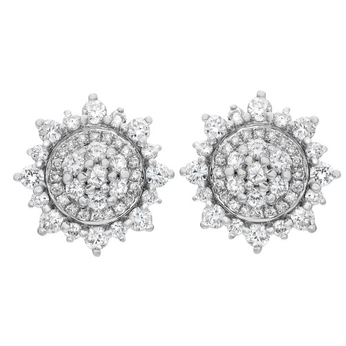 An image of a pair of Rachel Koen brand women's stud earrings with diamonds, displayed frontally and centered on a white background. The earrings feature a radiant cluster of round-cut diamonds set in a circular pattern, creating a sparkling starburst effect in white gold. Each earring is designed symmetrically with a central circle surrounded by an array of larger diamonds, giving a sense of depth and brilliance. The view is from a medium distance, providing a clear and detailed representation of the intricate diamond settings and the overall design of the earrings.