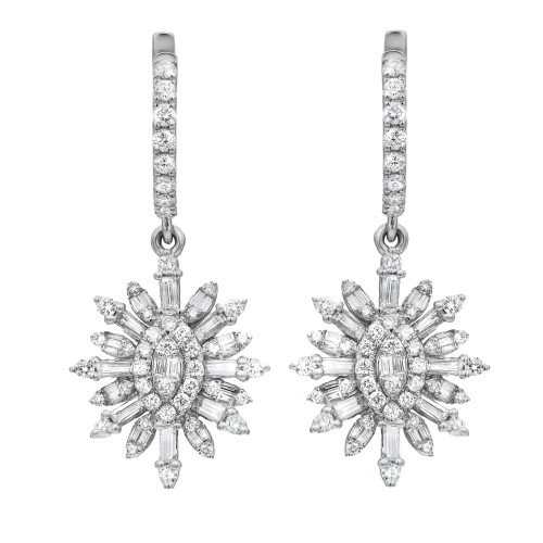 An image of a pair of Rachel Koen women's drop earrings with diamonds, presented on a neutral background. The earrings are shown from a front-facing angle and at a close distance, providing a clear view of their intricate design. Each earring features a hoop encrusted with small round diamonds leading to a dangling element with a sunburst motif in white gold. The sunburst is composed of multiple diamonds of various cuts, including round and baguette cut, creating a radiant star-like pattern. The symmetry of the earrings is displayed by their identical positioning, side by side.