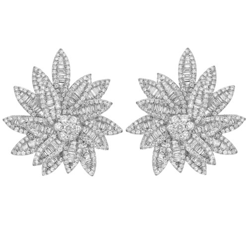 An image of a pair of Rachel Koen women's stud earrings with diamonds, displayed frontally and symmetrically against a plain background. The earrings feature a starburst-like design with multiple layers of round and baguette cut diamond-encrusted petals radiating from a central cluster of diamonds in white gold. Each earring is positioned parallel to the other, with equal distance from the center of the image, providing a clear and detailed view of the intricate design and sparkling stones.