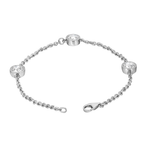 An image of a unisex adult bracelet by Rachel Koen featuring a linked white gold chain with three bezel-set lab grown diamonds evenly spaced along its length in white gold. The bracelet is displayed against a white background with a straight-on view, showing the clasp on the right side and the diamonds face-up, reflecting light. The bracelet appears in medium close-up, providing clear detail of the individual chain links and the brilliance of the diamonds.