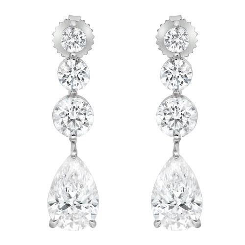 An image of a pair of Rachel Koen women's long drop earrings with lab grown diamonds, displayed against a white background. The earrings feature a vertical alignment with three connected segments of increasing size from top to bottom. Each earring starts with a round brilliant-cut diamond set in a scalloped edge post, followed by a larger round diamond, and finishes with an even larger pear-shaped diamond drop, all prong-set in a symmetrical fashion in white gold. The view is frontal and the earrings are shown at close range, offering a clear view of their sparkling facets and elegant design.