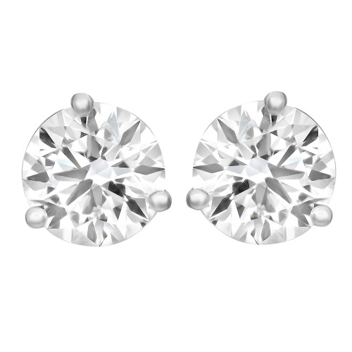 An image of a pair of Rachel Koen unisex adult stud earrings with lab grown diamonds. The earrings are displayed front-facing, centered, and at a close-up angle to showcase the sparkling facets of the large, round-cut diamonds in three prong setting in white gold. Each earring features a small, spherical attachment at the top, likely indicating the point of connection to the ear. The background is a solid, neutral color to emphasize the earrings' clarity and brilliance.