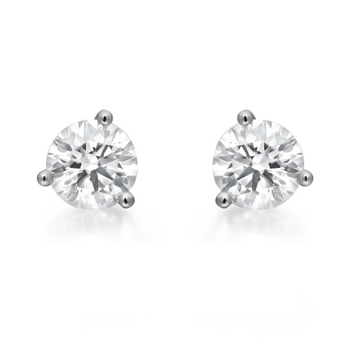 An image of a pair of Rachel Koen brand unisex adult stud earrings with lab grown diamonds, displayed on a white background. The earrings are shown in a frontal view, positioned centrally, with the focus on the brilliant round-cut diamonds that are prominently set in a three prong setting in white gold. The image is taken from a medium distance, providing a clear view of the earrings' design and the diamonds' facets, reflecting light to highlight their clarity and sparkle.