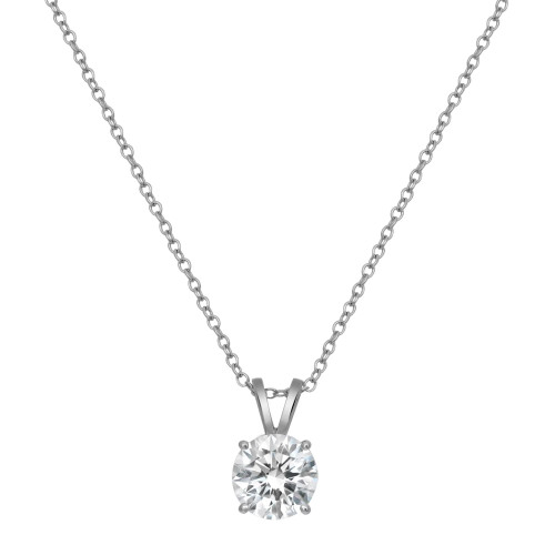 An image of a Rachel Koen brand necklace designed for women, showcasing a solitary, round-cut lab grown diamond pendant. The diamond is centrally positioned and set in a simple, elegant prong setting which hangs from a white gold link chain. The image is taken from a front-facing angle that provides a clear and unobstructed view of the necklace, with the chain extending symmetrically on either side, leading to the sparkling diamond in the center. The shot is a close-up, emphasizing the diamond's brilliance and the necklace's fine craftsmanship.