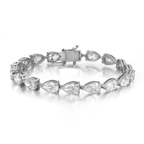 An image of a Rachel Koen women's bracelet with lab grown diamonds, displayed horizontally across the center of the frame on a white background. The bracelet features a series of pear shaped linked diamonds in prong setting, set in white gold with a secure clasp visible. The view is from a top-down angle at a close distance, focusing on the intricate design and the sparkling gems.