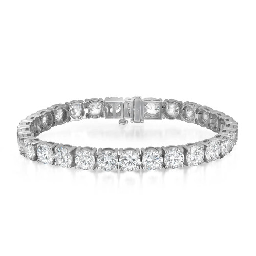 An image of a unisex adult Rachel Koen bracelet with lab grown diamonds, displayed in a straight line at a slight angle facing the viewer. The bracelet features a sequence of round cut diamonds set in a reflective white gold bracelet in prong setting, with a secure clasp visible in the middle. The photo is taken from a close distance, with the bracelet occupying the majority of the frame, providing a clear view of the diamond details and craftsmanship.