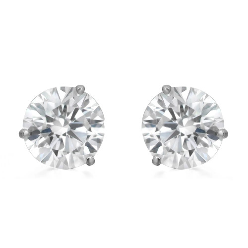 An image of a pair of Rachel Koen brand unisex adult earrings with lab grown diamonds. The earrings are presented in a frontal view with a close-up angle, allowing for a clear view of the round brilliant-cut diamonds and their prong settings in white gold. The diamonds are near the center of the frame, positioned side by side, reflecting light with multiple facets visible.