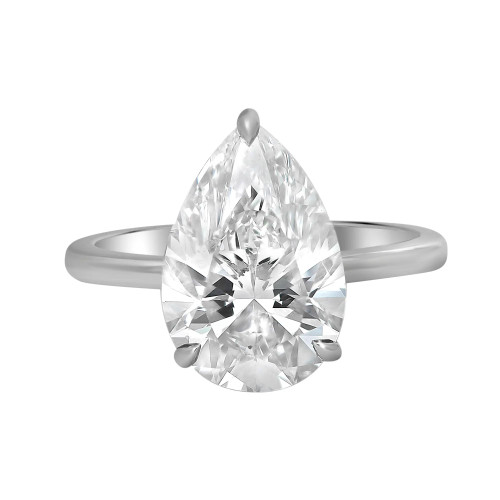 An image of a Rachel Koen brand women's engagement ring with lab grown diamonds, showcasing a prominent pear-shaped diamond set at the center in prong setting. The ring is photographed in a close-up view against a white background, positioned to give a direct, level view of the diamond's top facet. The angle of the photograph emphasizes the diamond's cut, clarity, and reflective qualities, with the band extending horizontally on either side of the diamond. The image is taken from a distance that captures the entire ring while focusing on the detailed features of the diamond and the polished silver band.