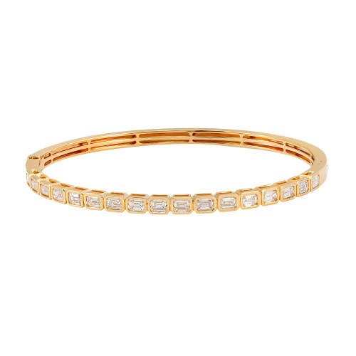 An image of a Rachel Koen women's bracelet with diamonds. The bracelet is displayed against a white background, centered horizontally and vertically in the frame. It is shown from a top view at a slight angle, allowing the diamonds to reflect light and showcasing the bracelet's full circle. The yellow gold bangle is with encased  emerald cut diamonds is in sharp focus, with a close-up view that emphasizes the bracelet's details and craftsmanship.