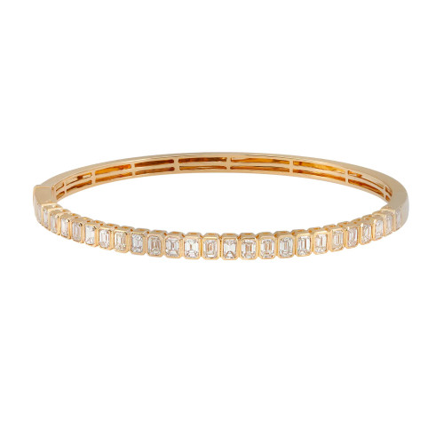An image of a Rachel Koen women's bracelet with diamonds, showcased in a close-up frontal view against a white background. The bracelet is positioned horizontally across the center of the frame, with its smooth, polished yellow gold surface and a single row of evenly spaced, rectangular emerald cut diamonds encased in bezel settings, providing a luxurious appearance. The perspective is straight on, allowing clear visibility of the bracelet's details and craftsmanship.
