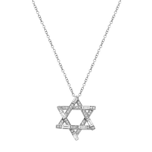 An image of a Rachel Koen brand necklace with diamonds designed for unisex adults. The necklace is displayed centrally with a front-facing view on a plain white background. A geometric star pendant, encrusted with multiple small round and baguette cut diamonds creating a sparkling effect, hangs from a white gold chain with round links. The pendant is positioned at a straight angle and the chain extends symmetrically from the top corners of the pendant, occupying the upper half of the image. The distance from the viewer is such that the entire necklace and pendant are in clear focus, showing intricate details and the reflective quality of the diamonds.