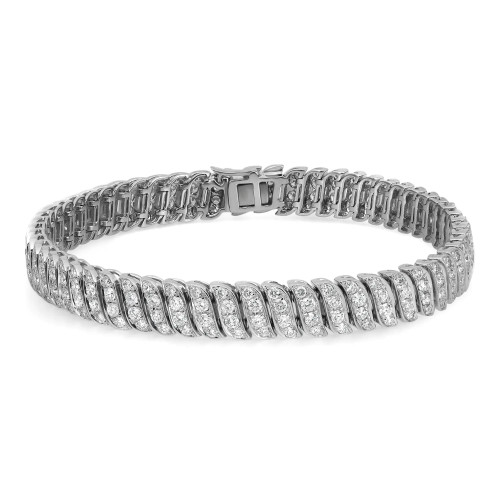 An image of a women's Rachel Koen brand bracelet with pave set round cut diamonds. The bracelet is shown in a straight, horizontal position, centered and close-up, occupying the majority of the frame. It features multiple linked diamond-encrusted elements with a visible clasp on the top side, all captured in a clear, well-lit, and high-resolution photo against a white background. The perspective is a direct front view, showcasing the sparkle and design of the diamonds and the intricate metalwork.
