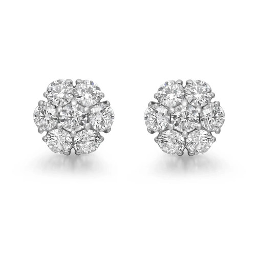 An image of Rachel Koen brand women's earrings with diamonds, displayed frontally at a close distance. The earrings consist of multiple round-cut diamonds arranged in a clustered floral pattern, set in white gold, and are symmetrically positioned with even spacing on a white background.