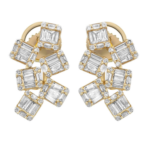 An image of a pair of Rachel Koen women's earrings with diamonds, presented in a front-facing view against a white background. The earrings feature multiple emerald and baguette cut diamonds set in a staggered pattern, outlined with smaller round diamonds, all mounted in a yellow gold setting. The earrings are symmetrical and positioned parallel to each other, showcasing the intricate design and sparkling stones from a close, but comprehensive angle.