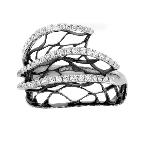 An image of a Rachel Koen brand women's black rhodium 18k white gold ring with diamonds, displayed in a close-up, centered view on a white background. The ring features a unique, multi-band design with intersecting curves, encrusted with sparkling round cut diamonds. It is presented at a slight angle, showcasing the intricate details and the shine of the polished metal and gemstones. The ring is pre owned in great condition. 