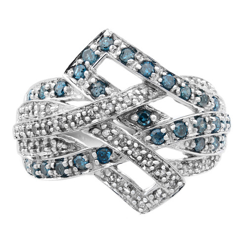 An image of a Rachel Koen women's cocktail ring with blue and white diamonds, displayed front and center. The ring features an intricate design with interlaced 10k white gold bands encrusted with small clear diamonds and accented with larger blue diamonds. The bands create a basket weave pattern, and the ring is photographed at a slight angle to show the three-dimensional aspect of the design. The image is a close-up, providing a detailed view of the gemstones and craftsmanship.